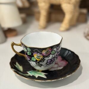Royal White China tea cup and saucer black with pink floral
